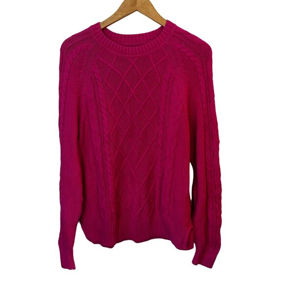 GAP Cable Knit Pullover Sweater 100%‎ Cotton Hot Pink Women's Medium Tall Crew - Picture 1 of 4